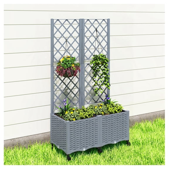 Planter Box with Trellis, Self Watering Raised Garden Bed, Lockable Wheels, Outdoor Flower Vegetable Herb Container, Gray