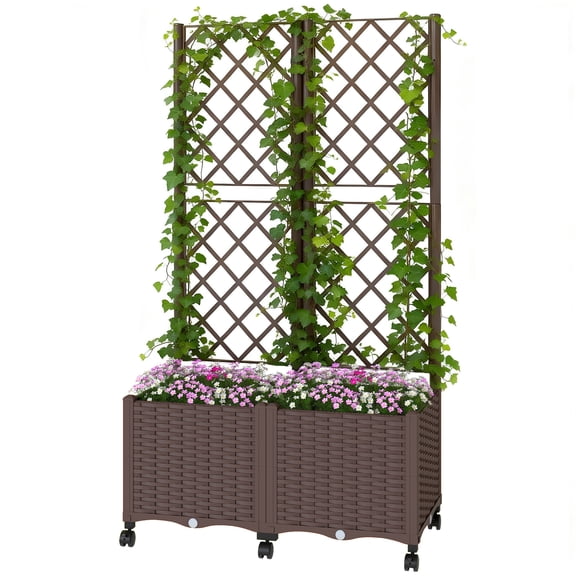 Planter Box with Trellis, Self Watering Raised Garden Bed with Lockable Wheels and Drainage Holes, Brown