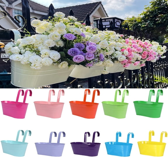 Planter Boxes for Outdoor, 11 Inch Metal Deck Railing Hanging Flower Pots, Window Box Plant Holder Hooks Fence Rail Bucket Modern Countryside Boho Style Wall Mount Porch Blue 1Pcs