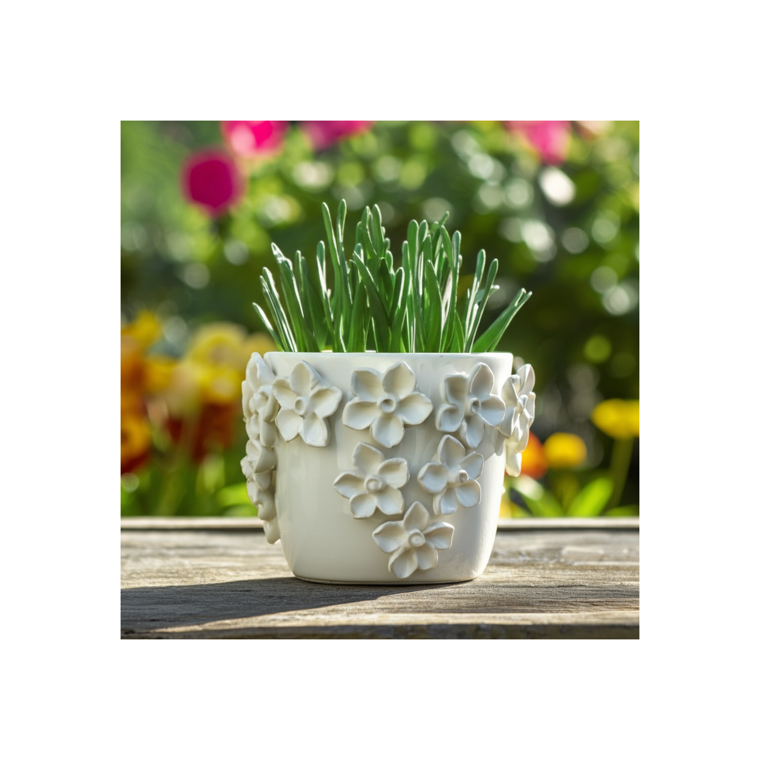 Elegant Round Flower Pot for Home Decor - Ceramic Planter with 3D Floral Design for Indoor Plants - Decorative Stoneware Planters for Outdoor Garden Style, Patio, and Entryway - 6", Ivory & Tan