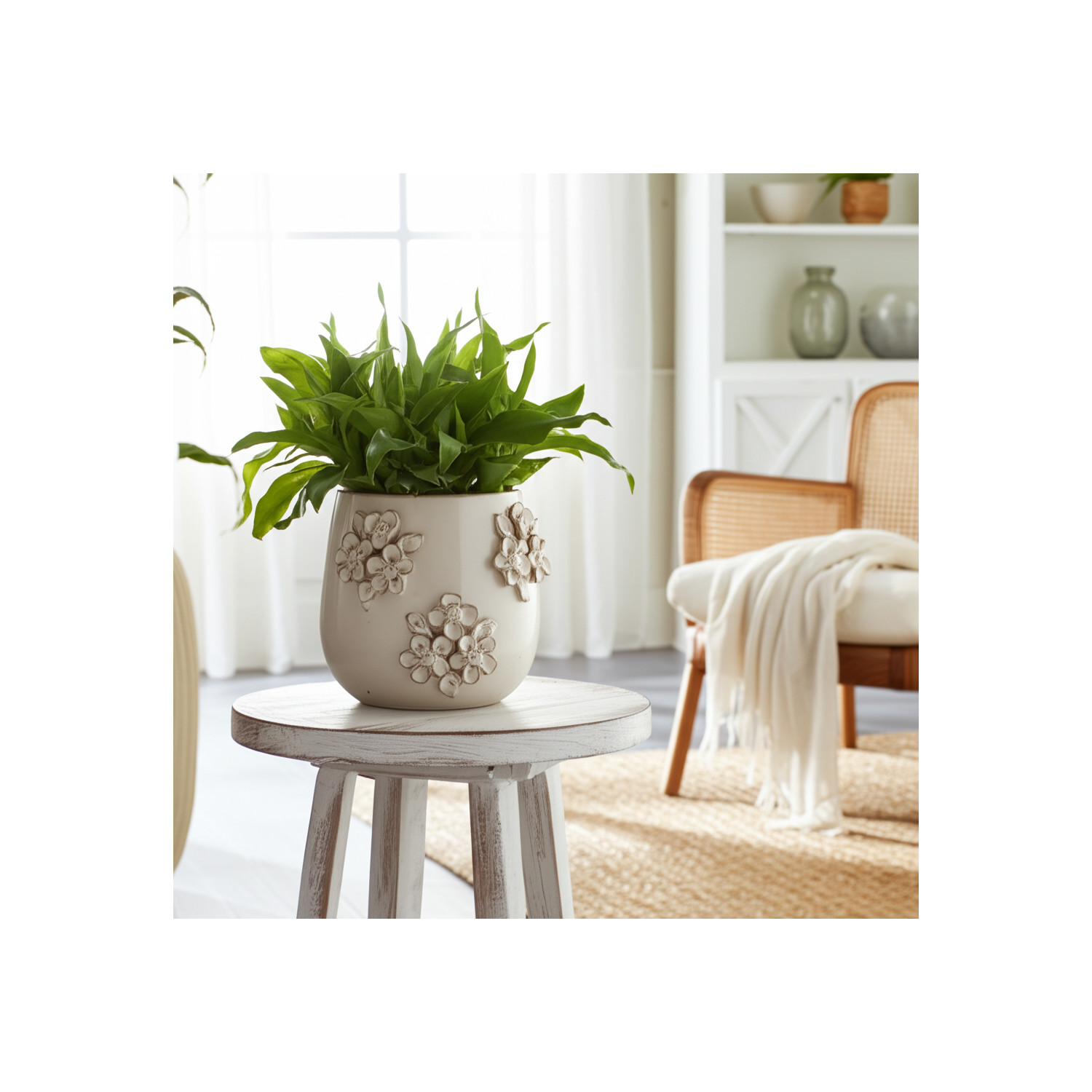 Classic Flower Design Pot for Home Decor - Stoneware Ceramic Planter with Embossed Floral Detail for Indoor Plants, Succulents, and Herbs - Plant Pot for Living Room or Garden Display - 6", Ivory