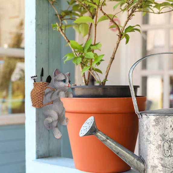 Planter Decor, Cat with Basket Plant Pot Hanger, Cat Aquarium Decorations, Miniature Fairy Garden and Flower Pot and Vase, Indoor Outdoor Usage, Grey
