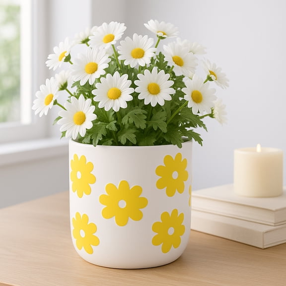 Decorative Flower Pots with Daisy Pattern for Home Decor - Indoor and Outdoor Plant Pot for Living Room, Garden, or Patio Decor - Planter for Office, Kitchen, or Side Table - 6", White & Gold