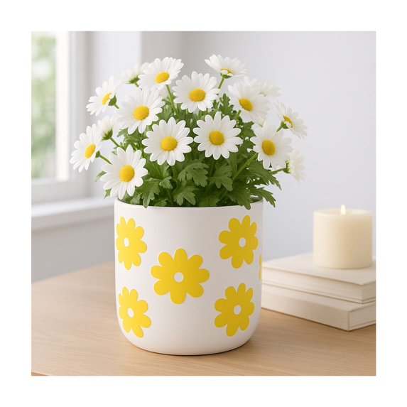 Decorative Flower Pots with Daisy Pattern for Home Decor - Indoor and Outdoor Plant Pot for Living Room, Garden, or Patio Decor - Planter for Office, Kitchen Counter, or Side Table - 6", White & Gold