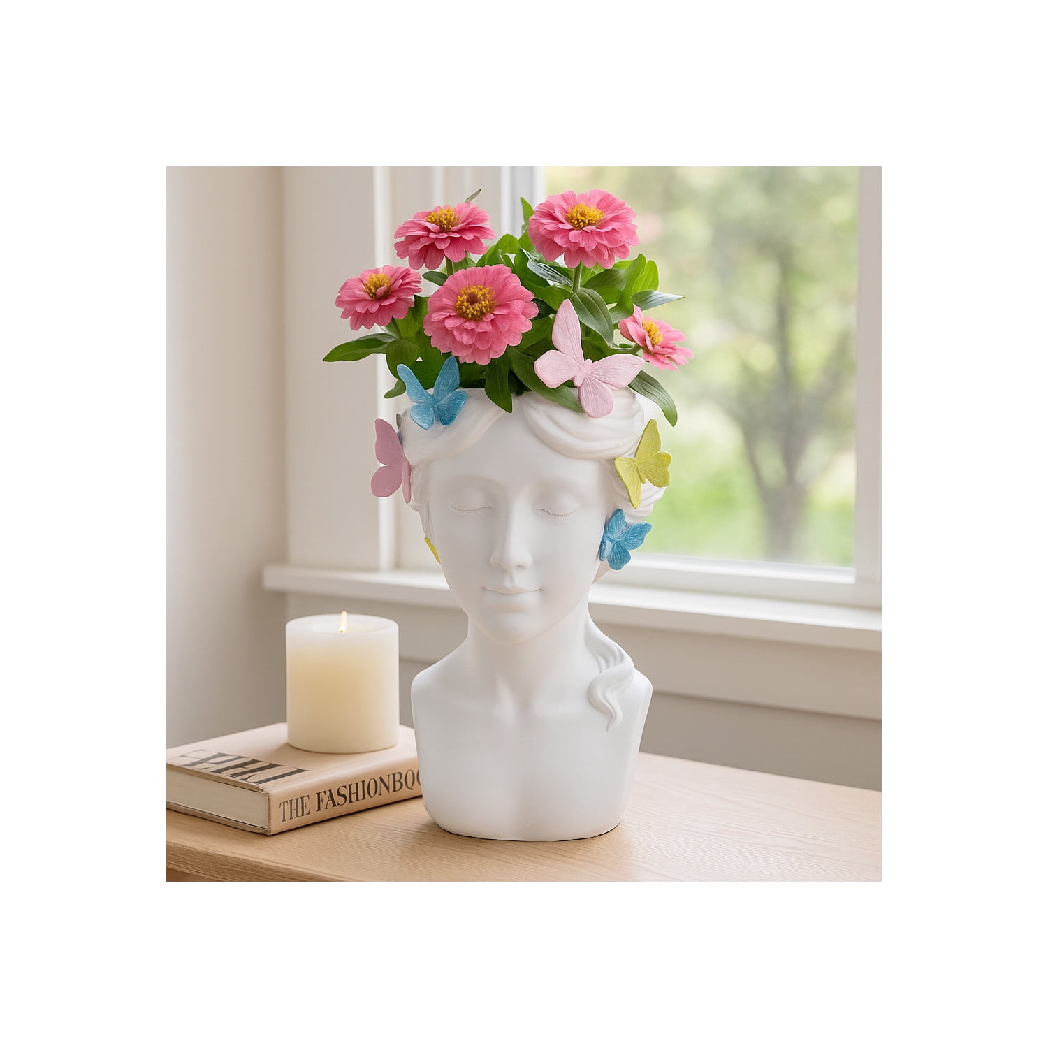 Lady with Butterflies Crown Planter for Home Decor - Decorative Flower Pot for Indoor and Outdoor Plants - Garden Plant Pots for Living Room, Backyard, and Shelf Accent - 11", White