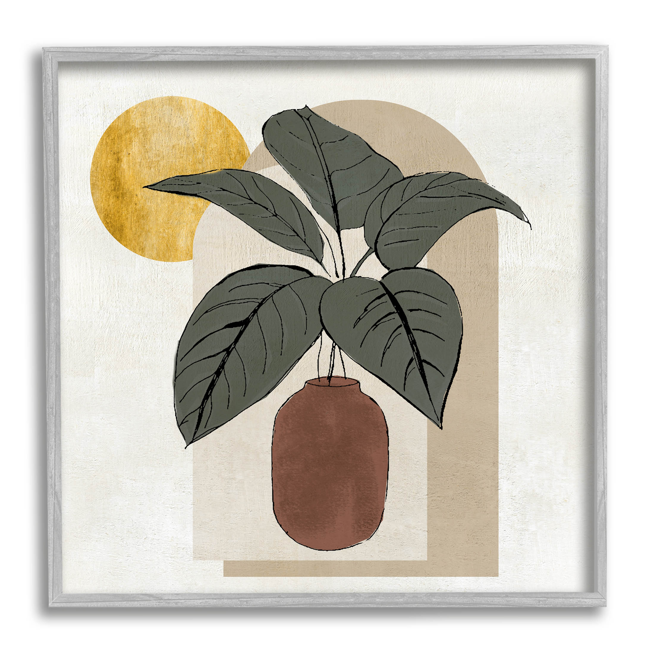 Planter Leaves Geometric Sun Shapes Botanical & Floral Graphic Art Gray Framed Art Print Wall Art