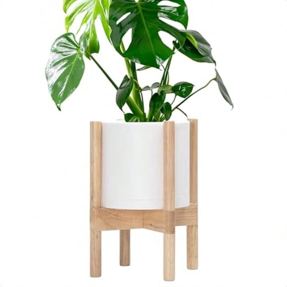 Planter Pot with Stand - 8 Inch Plastic Cylinder Flower Pot with Wood Planter Holder for Indoor Matte White Pot + Natural Stand 55-C-J-1