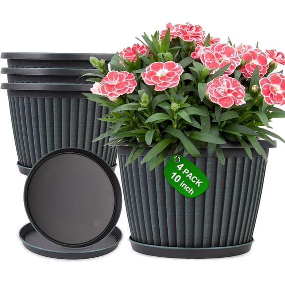 Planter-Pots-for-Plants-Indoor-Outdoor, 4 Pack 10 Inch Plastic Flower Pots with Saucer & Drainage Holes, Modern Garden Planters for Planting Medium Large PlantsDecorative Resin Garden Pots