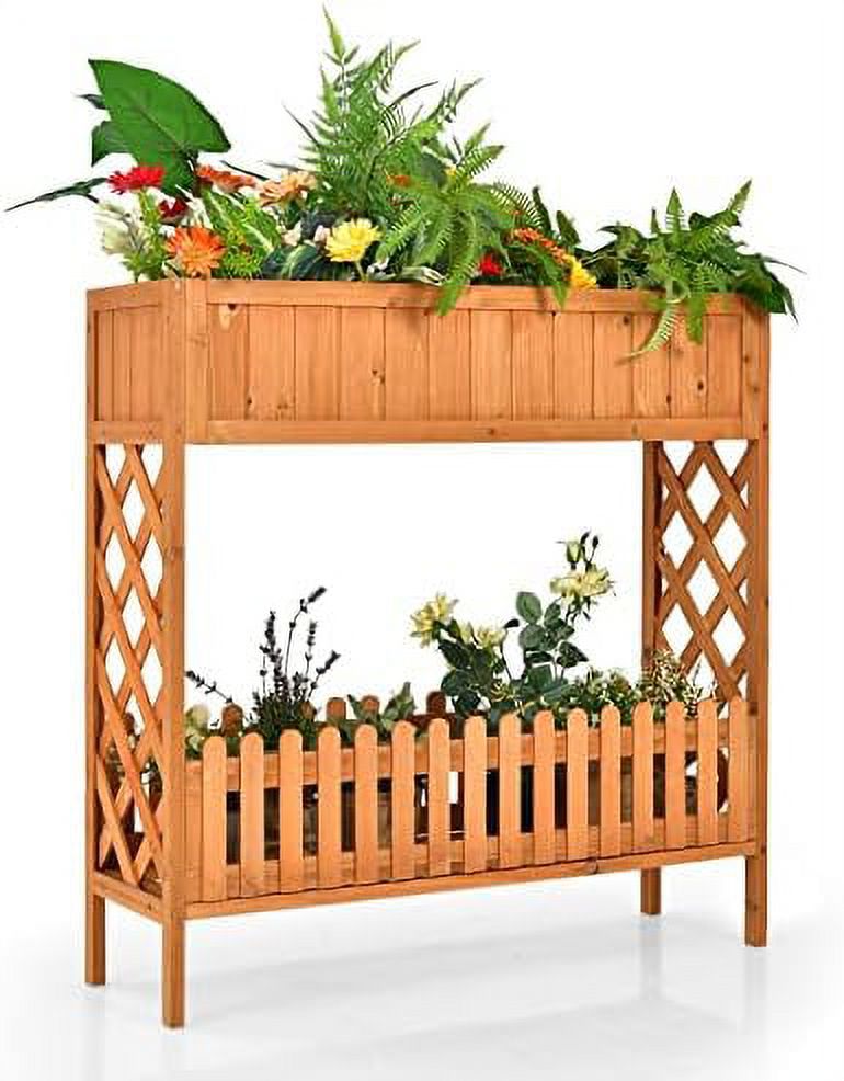 Planter Raised Bed, 2Tier Wood Garden Bed, Potted Plant Rack With