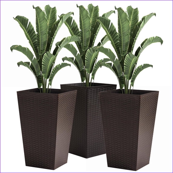 Planter Set of 3 Tall Drainage Planters, Modern, for Porch Patio Indoor Outdoor | Walnut Brown | Polypropylene