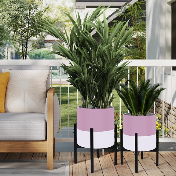 Planter with Stand Set of 2, Indoor Plant Pots with Metal Legs, Indoor Flower Pots with Drainage Holes Matching Decorative Garden Pot for Living Room, Office, Garden, or Balcony 10 & 12 Inches