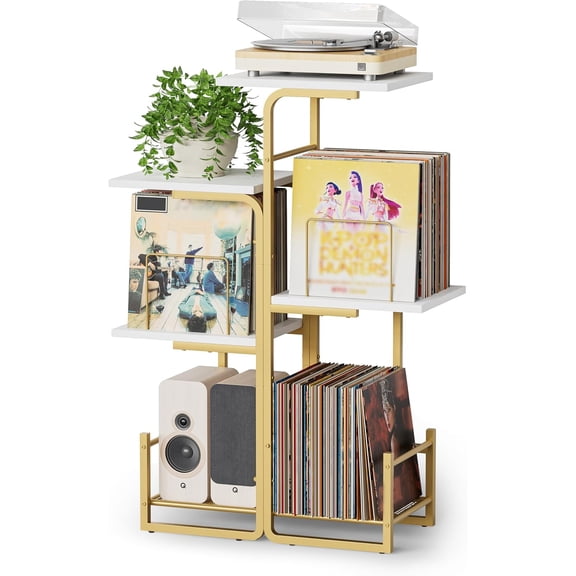 Planter-Style Record Player Stand with Vinyl Storage - Gold | Vintage Turntable Cabinet with LP Holder Shelf, Album Display Organizer for Living Room, Bedroom & Small Spaces