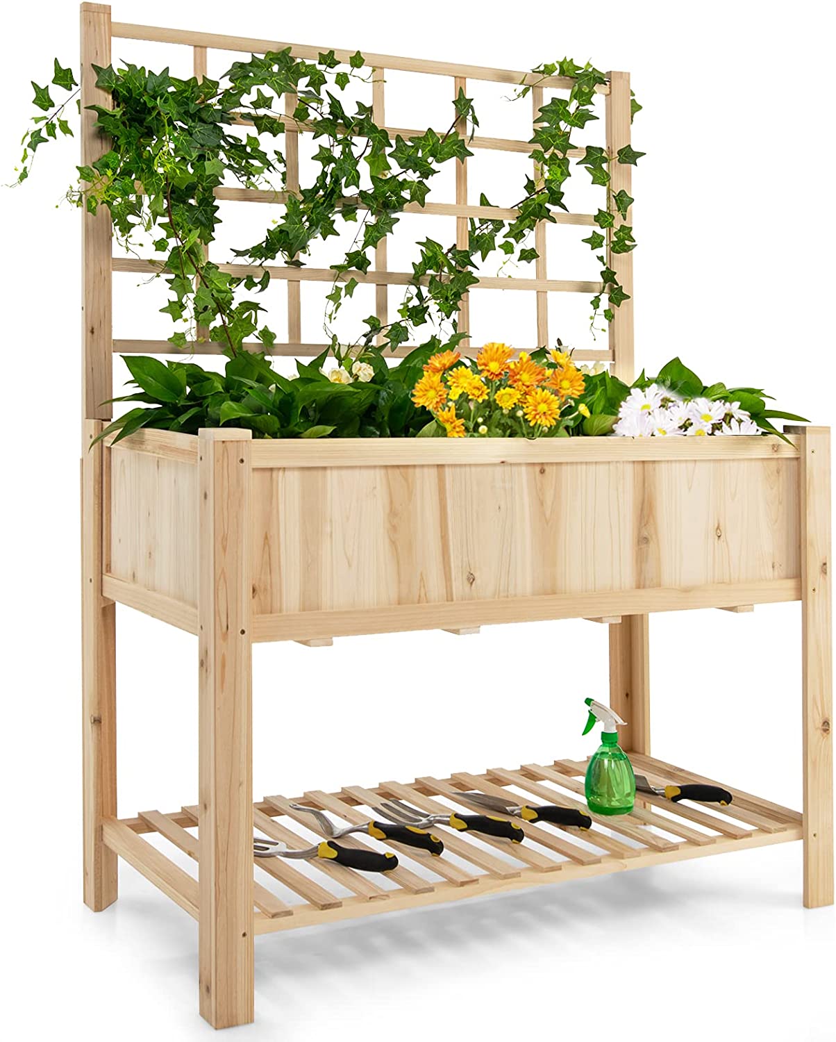Planter with Trellis, Standing Raised Garden Bed, Liner Storage Shelf