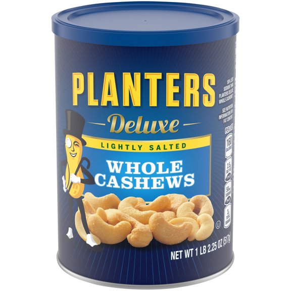 Planters Deluxe Lightly Salted Whole Cashews, 18.25 Oz. Resealable Canister - Lightly Salted Cashews & Lightly Salted Nuts - Nutrient Dense Snacks for Adults & Kids - Vegan Snacks, Kosher