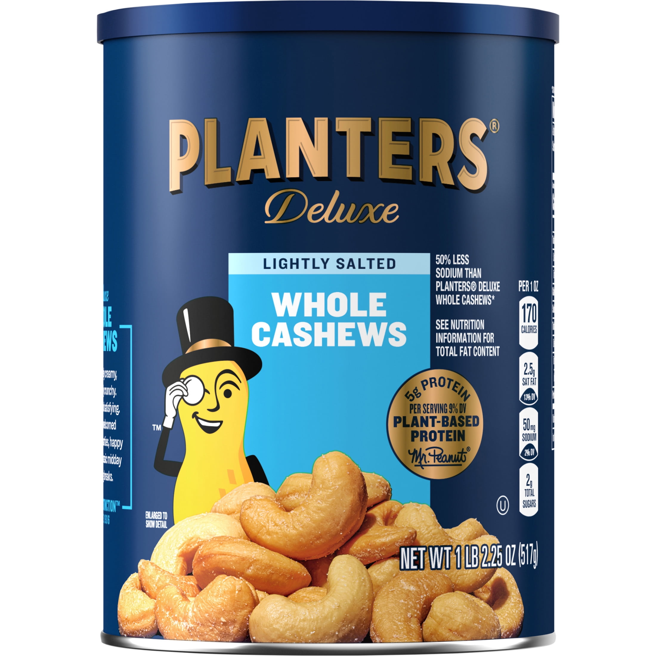 PLANTERS Deluxe Lightly Salted Whole Cashews, Party Snacks, Plant-Based Protein 18.25oz Steel Can (1 Canister)