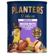PLANTERS Deluxe Unsalted Mixed Nuts, 5g (7% DV) Plant-Based Protein, 15.25 oz Can