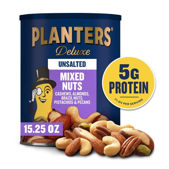 Planters Unsalted Deluxe Mixed Nuts with Cashews, Almonds, Brazil Nuts, Pistachios & Pecans, 5g Protein (7% DV) per serving, 15.25 oz Resealable Can