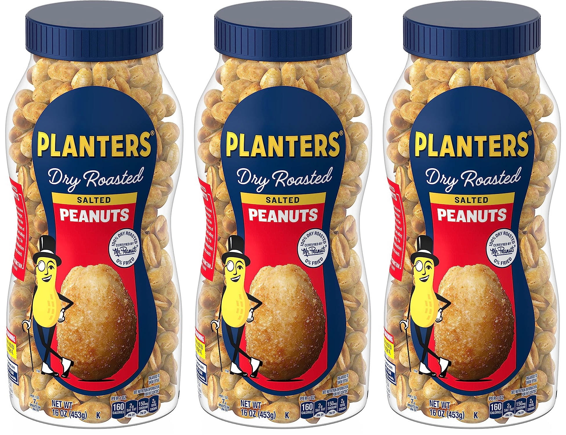 Planters Dry Roasted Peanuts, 16 oz Jar, 3 pack
