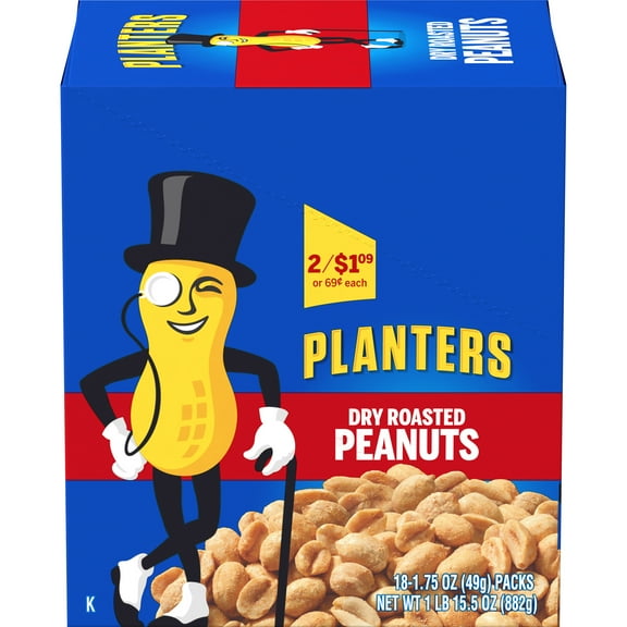 Planters Dry Roasted Peanuts, 18 ct Box, 1.75 oz Packs