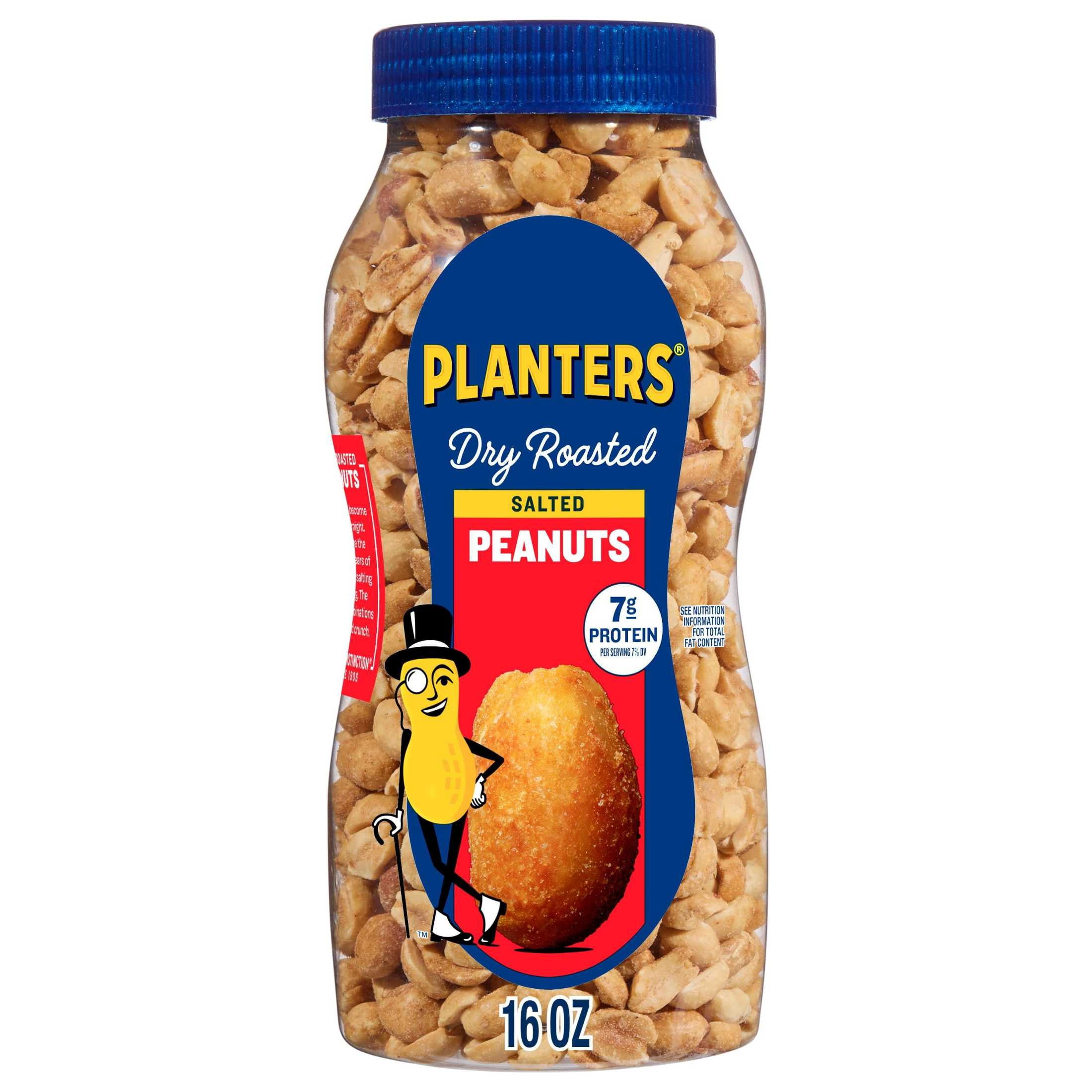 Planters Salted Dry Roasted Peanuts, 7g Protein (7% DV) per serving, Snacks for Adults, 16 oz Resealable Jar