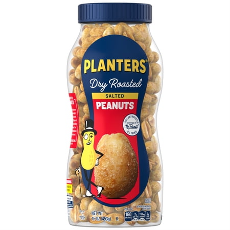 PLANTERS Salted Dry Roasted Peanuts, Party Snacks, Plant Based Protein 16 oz Jar