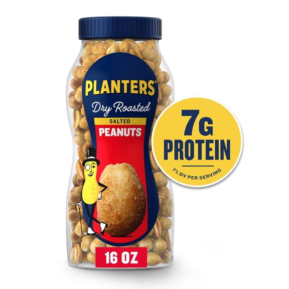 Planters Salted Dry Roasted Peanuts, 7g Protein (7% DV) per serving, Snacks for Adults, 16 oz Resealable Jar