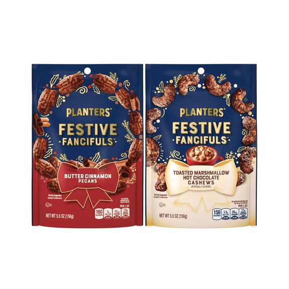 Planters Festive Fancifuls Variety Pack - Butter Cinnamon Pecans & Toasted Marshmallow Hot Chocolate Cashews, 5.5 oz ea bag