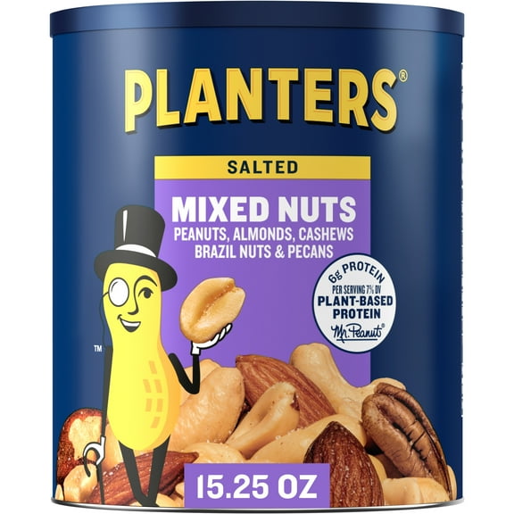 Planters Mixed Nuts Less Than 50% Peanuts with Peanuts, Almonds, Cashews, Hazelnuts and Pecans, Plant Based Protein, 15 oz Canister