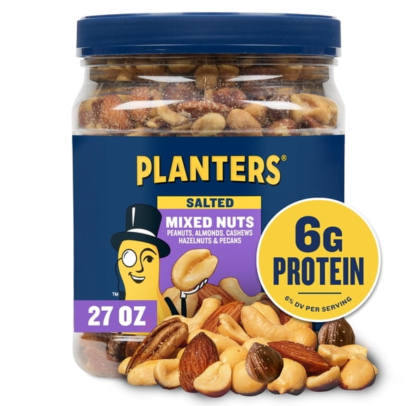 Planters Salted Mixed Nuts, Peanuts, Cashews, Almonds, Pecans, Hazelnuts, 6g (6% DV) Plant-Based Protein, Gluten Free, Kosher, 27 oz Jar