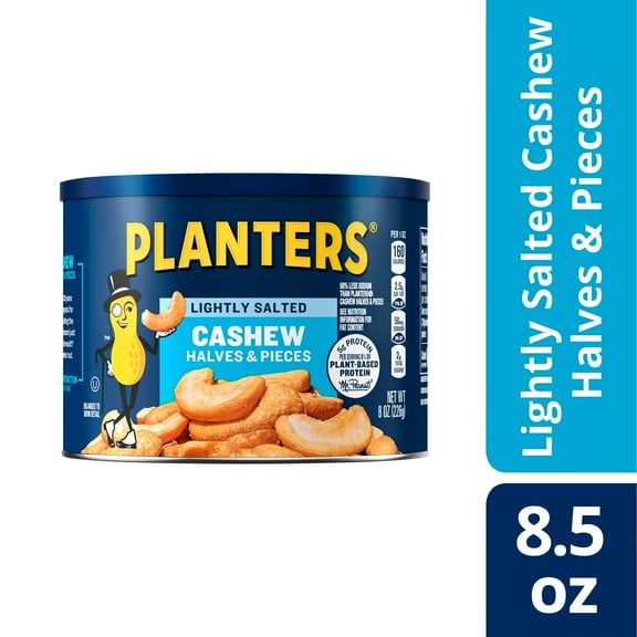 PLANTERS Lightly Salted Cashew Halves and Pieces, Party Snacks, Plant-Based Protein, 8 oz Canister