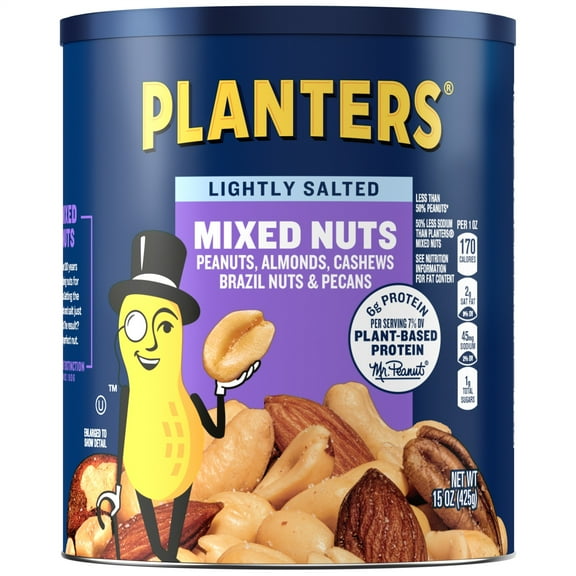 PLANTERS Lightly Salted Mixed Nuts, Party Snacks, Plant Based Protein, 15 oz Canister