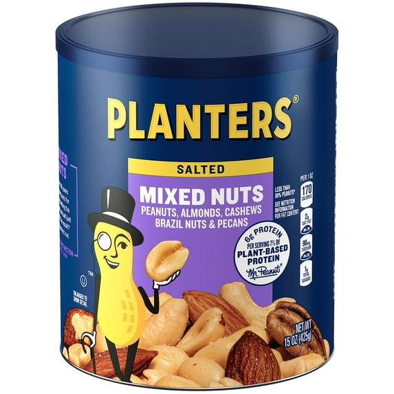 Planters Mixed Nuts (15 OKA4 oz Canister) - Variety Mixed Nuts with Less Than 50% Peanuts with Peanuts, Almonds, Cashews, Hazelnuts & Pecans