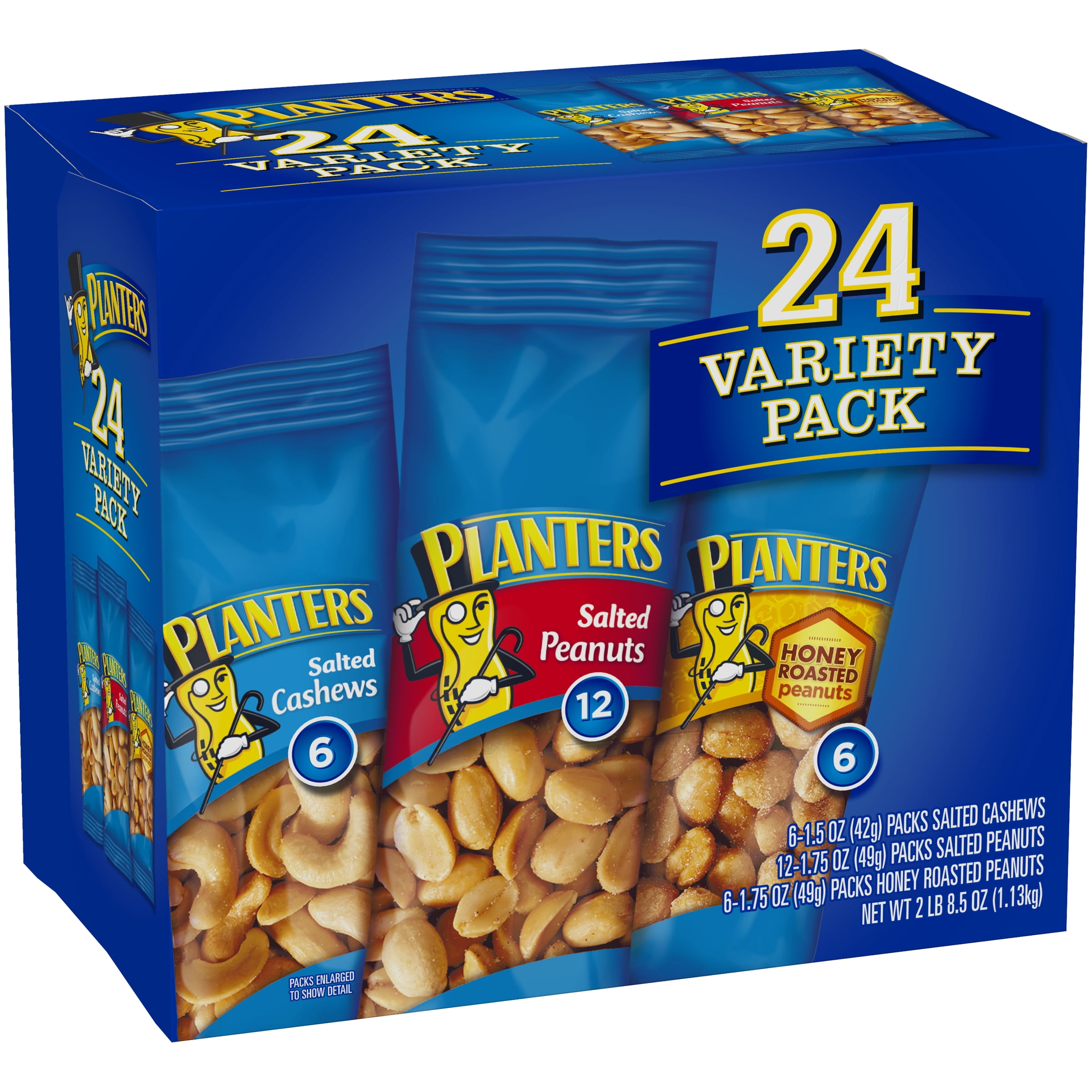 Planters Nut 24 Count-Variety Pack, Salted Peanuts, Honey Roasted Peanuts & Salted Cashews Ready-to-Go Sleeves, 40.5 oz Multi-Pack Box
