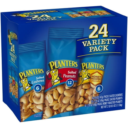 Planters Nut 24 Count-Variety Pack, Salted Peanuts, Honey Roasted Peanuts & Salted Cashews Ready-to-Go Sleeves, 40.5 oz Multi-Pack Box