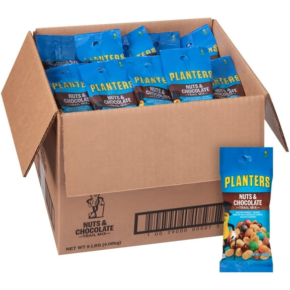 Planters Nuts & Chocolate Single Serve Trail Mix with Roasted Peanuts, M&M Chocolate Candies, Raisins & Roasted Almonds, 72 ct Casepack, 2 oz Packs