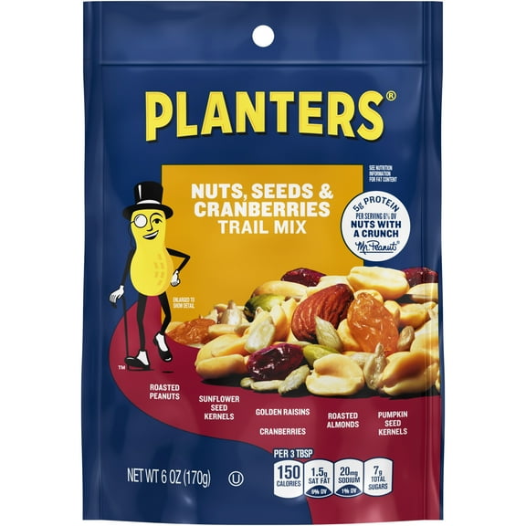 Planters Nuts, Seeds & Cranberries Trail Mix with Roasted Peanuts & Almonds, Sunflower Kernels & More, 6 oz Plastic Bag
