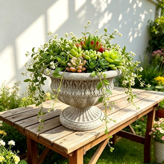 Planters for Outdoor Plants, 8.4 Inch Antique Embossed Pedestal Flower Urn, Rustic Stone Textured Iron Planter, Elevated Base Design for Plants, Tabletop Centerpiece, Indoor & Outdoor Garden Decor