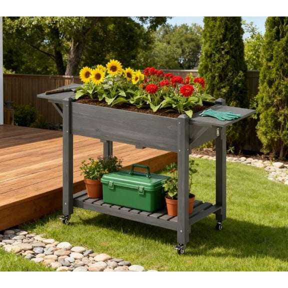 Planters For Outdoor Plants, Elevated Garden Bed,Wood Raised Planter Box,with Lockable Wheels,Side Tables,Bottom Shelf,Drain Holes, Grey Garden Pots,Wood Indoor Garden Pots