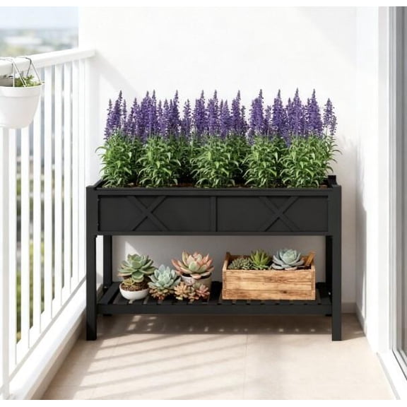 Planters For Outdoor Plants, Elevated Wood Planter Box,Raised Garden Bed,with Storage Shelf,Drainage Holes,and Liner, Black Garden Pots,Wood Indoor Garden Pots