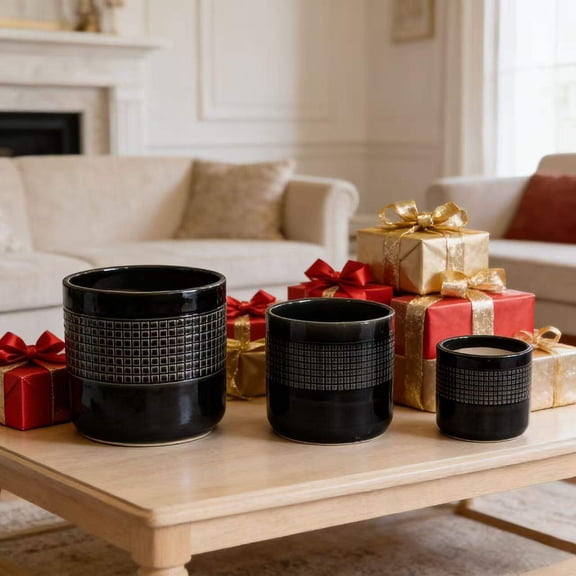 Planters For Outdoor Plants, Handmade Black Glazed Ceramic Planter Set of 3, 9" 7" 6" Diameter, Grid Pattern, for Succulents & Cacti Indoor/Outdoor Shelf & Table Use, Porous Clay with Drainage Holes