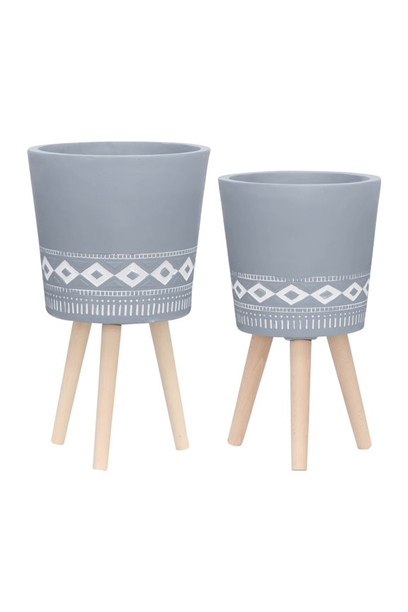 Planters For Outdoor Plants, S/2 10/12" DIAMOND PLANTER W/ WOOD LEGS, GRAY (KD), Gray Garden Pots,Polyresin Indoor Garden Pots, Garden & Outdoor Garden Supplies Garden Pots & Planters