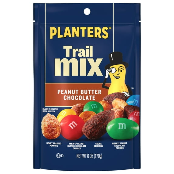 PLANTERS Peanut Butter Chocolate Trail Mix with Honey Roasted Peanuts, Peanut Butter M&M'S Chocolate Candies, Peanut M&M'S Peanut Chocolate Candies and Cocoa Almonds, 6 oz Bag