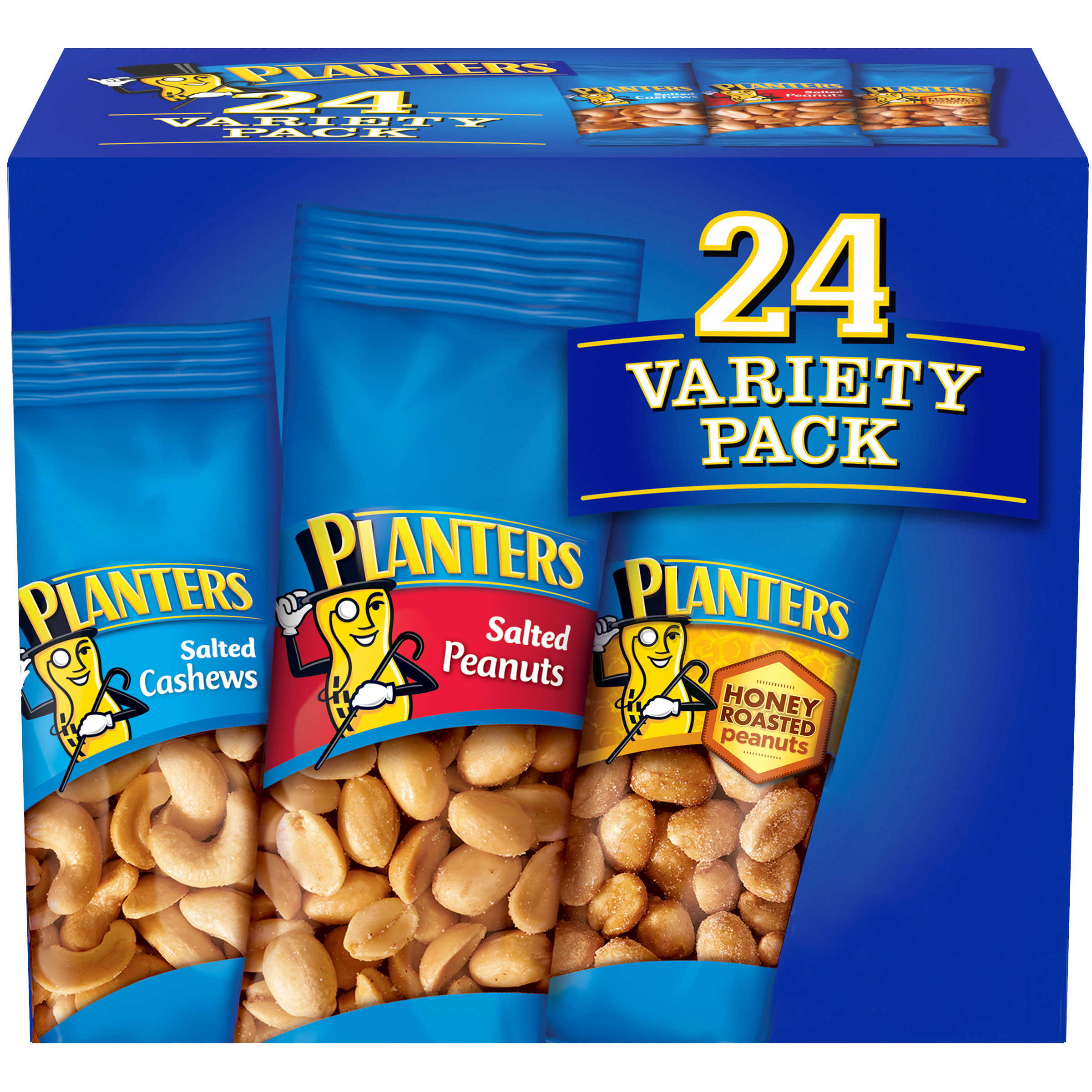 Planters Salted Cashews, Salted Peanuts & Honey Roasted Peanuts Variety Pack, 24 ct Packs - image 1 of 15