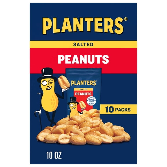PLANTERS Salted Peanuts, Party Snacks, Plant Based Protein, 1 oz Packs (Pack of 10)