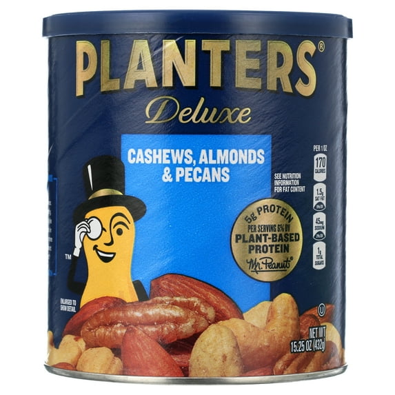 PLANTERS Deluxe Cashews, Almonds and Pecans, Party Snacks, Plant-Based Protein, 15.25 oz Canister