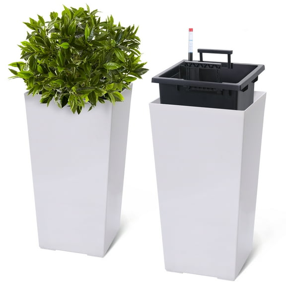 Planters Set of 2, Outdoor＆Indoor Planter Pots, High Front Porch Planter Pots with Drainage Holes＆Water Level Monitor＆Inner Bucket, Automatic Watering