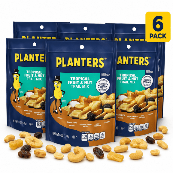 Planters Tropical Fruit & Nut Trail Mix, 6 Pack, 6 oz Bags, Snack Mix with Peanuts, Cashews, Banana Chips & Raisins