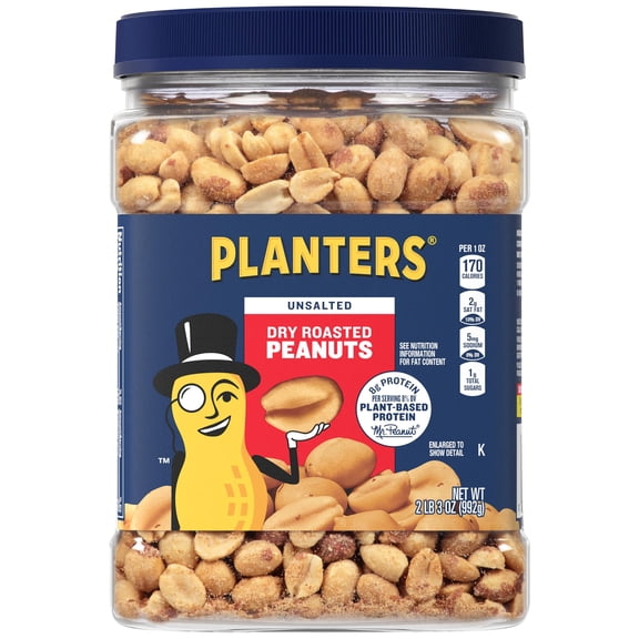 PLANTERS Unsalted Dry Roasted DMF15 Peanuts, Resealable Jar, Kosher Nuts, Plant-Based Protein, Quick Snack for Adults, After School Snack, 35 oz Canister