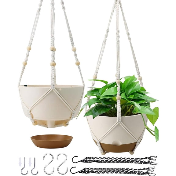 Planters for Indoor , 2 Pack 10 Inch Self Watering Pots with Macrame Hanger, Baskets Holder for Outdoor Garden Ceiling Window Decor