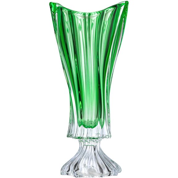 Plantica Green Collection Modern Crystal Hand-Crafted Decorative Flower Vase - 16 Inch Footed Vase, Green